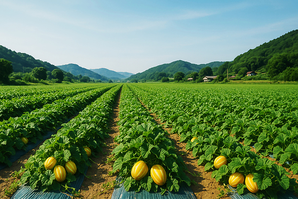 JPG 편집이미지 하늘 산 사람없음 초록색 여름 농사 시골 참외 도랑 참외밭 제철과일 편집실사 AI포토 AI콘텐츠 계절 컬러 밭 농업 과일 CG 제철 파일형식