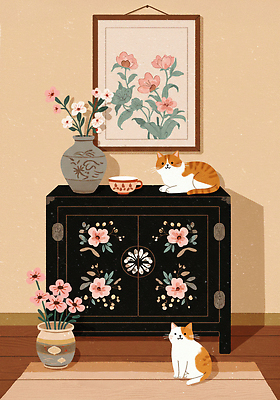 JPG 한국전통 두마리 일러스트 사람없음 컵 꽃병 고양이 카펫 서랍장 나무바닥 한국화 고가구 베이지색 자개 국내일러스트 AI일러스트 AI콘텐츠 전통 식기 꽃 컬러 가구 2 포유류 바닥 한국 반려동물 동양화 전통공예 파일형식