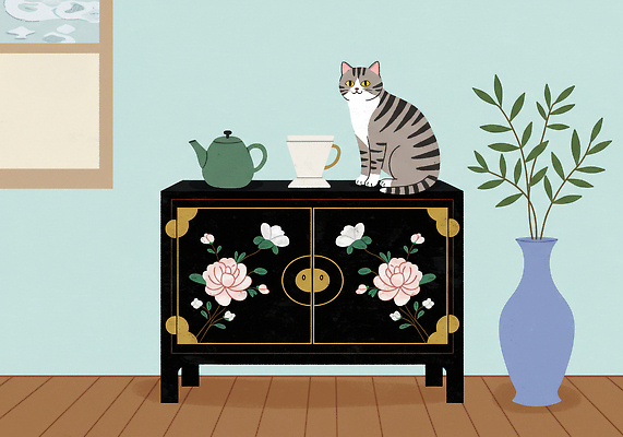 JPG 한마리 한국전통 화분 잎 일러스트 주전자 사람없음 고양이 찻잔 서랍장 나무바닥 고가구 모란 민트색 자개 국내일러스트 AI일러스트 AI콘텐츠 식물 1 전통 꽃 컬러 가구 포유류 주방용품 잔 바닥 한국 반려동물 전통공예 파일형식