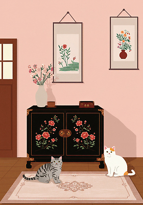 JPG 한국전통 분홍색 액자 두마리 일러스트 사람없음 꽃병 고양이 카펫 그림 서랍장 나무바닥 족자 고가구 모란 자개 국내일러스트 AI일러스트 AI콘텐츠 전통 꽃 컬러 가구 2 포유류 바닥 한국 반려동물 전통공예 파일형식