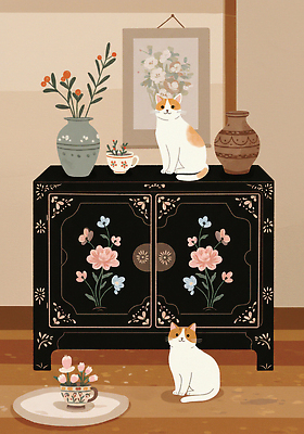 JPG 한국전통 액자 두마리 일러스트 사람없음 꽃병 고양이 서랍장 나무바닥 족자 고가구 베이지색 자개 국내일러스트 AI일러스트 AI콘텐츠 전통 꽃 컬러 가구 2 포유류 바닥 한국 반려동물 전통공예 파일형식