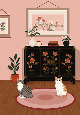 JPG 한국전통 화분 분홍색 액자 잎 두마리 일러스트 사람없음 책 꽃병 고양이 매트 서랍장 한국화 족자 고가구 모란 자개 국내일러스트 AI일러스트 AI콘텐츠 식물 전통 꽃 컬러 가구 2 포유류 한국 반려동물 동양화 전통공예 파일형식