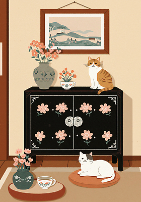 JPG 한국전통 화분 액자 두마리 일러스트 방석 앉기 사람없음 꽃병 고양이 카펫 찻잔 서랍장 고가구 베이지색 자개 국내일러스트 AI일러스트 AI콘텐츠 전통 꽃 컬러 가구 2 포유류 모션 잔 한국 반려동물 전통공예 파일형식