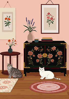 JPG 한국전통 분홍색 액자 두마리 일러스트 사람없음 꽃병 고양이 매트 서랍장 나무바닥 한국화 고가구 모란 자개 국내일러스트 AI일러스트 AI콘텐츠 전통 꽃 컬러 가구 2 포유류 바닥 한국 반려동물 동양화 전통공예 파일형식