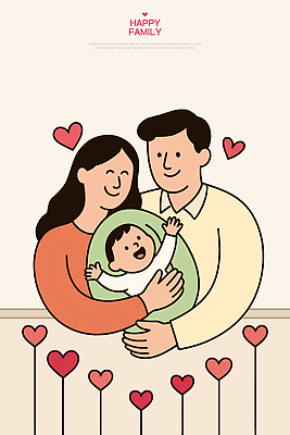 여자 남자 행복 일러스트 가족 안기 사랑 미소 상반신 성인 세명 손들기 하트 아기 포대기 국내일러스트 AI파일 모양 감정 관계 모션 표정 사람 아기용품 파일형식 벡터