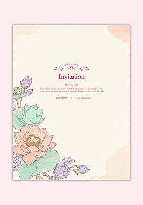 PSD 템플릿 분홍색 카드템플릿 수채화 연꽃 사람없음 연잎 꽃봉오리 초대장 연밥 이미지템플릿 꽃 컬러 잎 카드_감사 파일형식