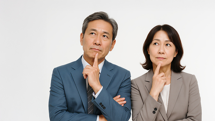 JPG 편집이미지 여자 남자 중년 정장 상반신 두명 비즈니스라이프 턱괴기 비즈니스맨 비즈니스우먼 고민 의료성형뷰티 중년만 편집실사 AI인물포토 AI콘텐츠 라이프스타일 옷 감정 비즈니스 모션 사람 성인 직장인 CG 성인만 파일형식 AI포토