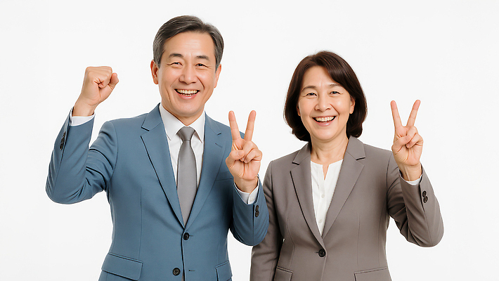 JPG 편집이미지 여자 남자 중년 웃음 정장 상반신 두명 비즈니스라이프 파이팅 비즈니스맨 비즈니스우먼 브이 의료성형뷰티 중년만 편집실사 AI인물포토 AI콘텐츠 라이프스타일 옷 비즈니스 모션 표정 사람 손짓 성인 직장인 CG 성인만 파일형식 AI포토