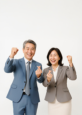 JPG 편집이미지 여자 남자 중년 웃음 정장 두명 비즈니스라이프 파이팅 비즈니스맨 비즈니스우먼 손하트 의료성형뷰티 중년만 편집실사 AI인물포토 AI콘텐츠 라이프스타일 옷 비즈니스 모션 표정 사람 손짓 성인 직장인 CG 성인만 파일형식 AI포토