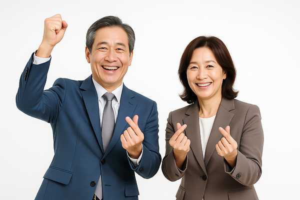 JPG 편집이미지 여자 남자 중년 미소 정장 상반신 두명 비즈니스라이프 파이팅 비즈니스맨 비즈니스우먼 손하트 의료성형뷰티 중년만 편집실사 AI인물포토 AI콘텐츠 라이프스타일 옷 비즈니스 모션 표정 사람 손짓 성인 직장인 CG 성인만 파일형식 AI포토