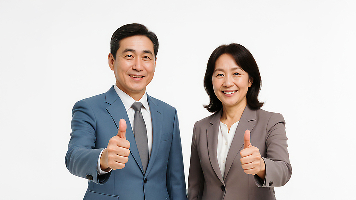 JPG 편집이미지 여자 남자 중년 미소 정장 상반신 두명 비즈니스라이프 비즈니스맨 비즈니스우먼 따봉 의료성형뷰티 중년만 편집실사 AI인물포토 AI콘텐츠 라이프스타일 옷 비즈니스 표정 사람 성인 최고 직장인 CG 성인만 파일형식 AI포토