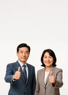 JPG 편집이미지 여자 남자 중년 미소 정장 상반신 두명 비즈니스라이프 비즈니스맨 비즈니스우먼 따봉 의료성형뷰티 중년만 편집실사 AI인물포토 AI콘텐츠 라이프스타일 옷 비즈니스 표정 사람 성인 최고 직장인 CG 성인만 파일형식 AI포토