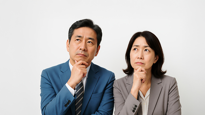 JPG 편집이미지 여자 남자 중년 정장 상반신 두명 비즈니스라이프 턱괴기 비즈니스맨 비즈니스우먼 고민 의료성형뷰티 중년만 편집실사 AI인물포토 AI콘텐츠 라이프스타일 옷 감정 비즈니스 모션 사람 성인 직장인 CG 성인만 파일형식 AI포토