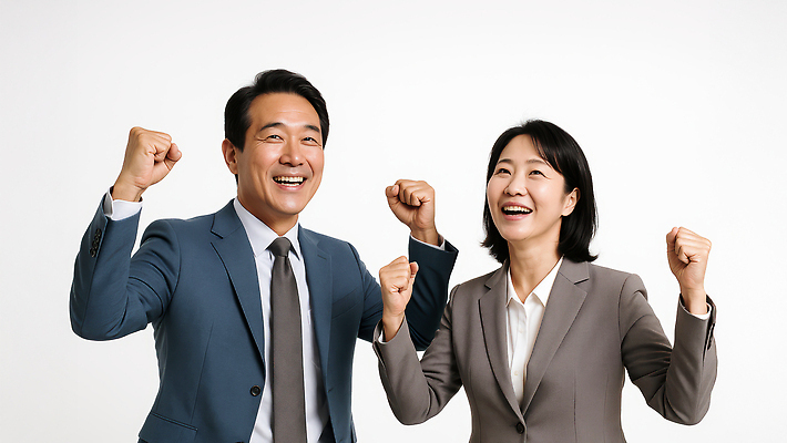 JPG 편집이미지 여자 남자 중년 미소 정장 상반신 두명 비즈니스라이프 파이팅 비즈니스맨 비즈니스우먼 의료성형뷰티 중년만 편집실사 AI인물포토 AI콘텐츠 라이프스타일 옷 비즈니스 모션 표정 사람 성인 직장인 CG 성인만 파일형식 AI포토