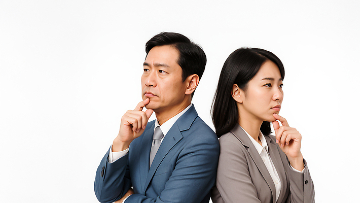 JPG 편집이미지 여자 남자 정장 상반신 성인 두명 비즈니스라이프 턱괴기 등맞대기 비즈니스맨 비즈니스우먼 고민 의료성형뷰티 성인만 편집실사 AI인물포토 AI콘텐츠 라이프스타일 옷 감정 비즈니스 모션 사람 직장인 CG 파일형식 AI포토