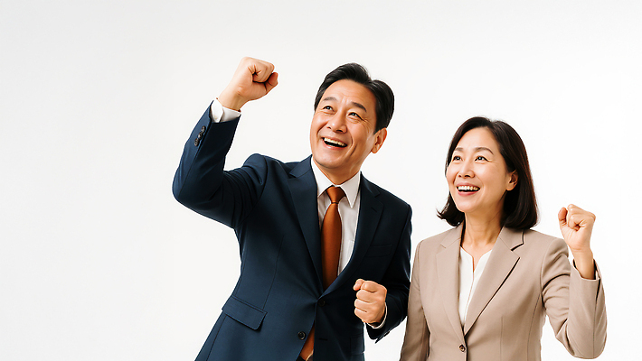 JPG 편집이미지 여자 남자 중년 웃음 정장 상반신 두명 비즈니스라이프 파이팅 올려보기 비즈니스맨 비즈니스우먼 의료성형뷰티 중년만 편집실사 AI인물포토 AI콘텐츠 라이프스타일 옷 비즈니스 모션 표정 사람 성인 직장인 CG 성인만 파일형식 AI포토