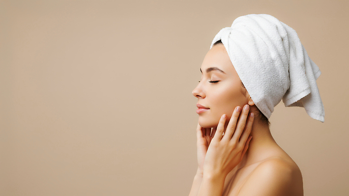 JPG 편집이미지 여자 한명 미소 상반신 성인 옆모습 수건 뷰티 눈감음 만지기 베이지색 의료성형뷰티 성인여자한명만 편집실사 AI인물포토 AI콘텐츠 1 뷰포인트 컬러 모션 표정 사람 위생용품 CG 여자한명만 성인여자만 파일형식 AI포토