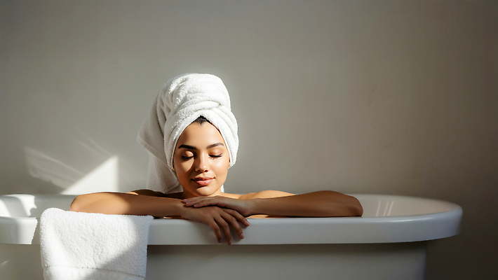 JPG 편집이미지 여자 욕조 두건 한명 미소 상반신 성인 수건 햇빛 뷰티 눈감음 반신욕 의료성형뷰티 성인여자한명만 편집실사 AI인물포토 AI콘텐츠 1 모션 표정 사람 위생용품 태양 목욕 CG 여자한명만 성인여자만 파일형식 AI포토