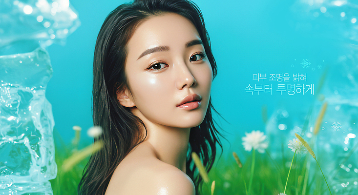 PSD 편집이미지 여자 꽃 하늘색 한명 초원 상반신 성인 물 투명 수분 보습 의료성형뷰티 성인여자한명만 이미지편집 자연요소 식물 1 사람 파란색 여자한명만 성인여자만 파일형식