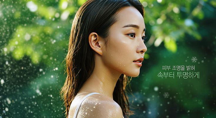 PSD 편집이미지 여자 나뭇잎 한명 상반신 성인 투명 수분 튀는물 보습 의료성형뷰티 성인여자한명만 이미지편집 1 잎 사람 액체표현 스플래쉬 여자한명만 성인여자만 파일형식