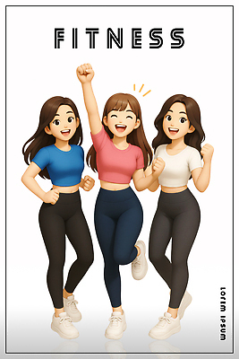 전신 PSD 편집이미지 여자 웃음 성인 세명 운동복 손들기 파이팅 헬스 스포츠캐릭터 다리들기 성인여자만 이미지편집 캐릭터 옷 모션 표정 사람 운동 여자만 성인만 파일형식