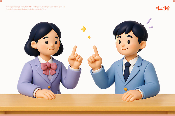 PSD 편집이미지 여자 남자 교복 청소년 미소 앉기 상반신 두명 반짝임 스쿨라이프 3D 가리킴 책상 십대만 편집3D 라이프스타일 옷 가구 학교 모션 표정 사람 손짓 디지털합성 파일형식