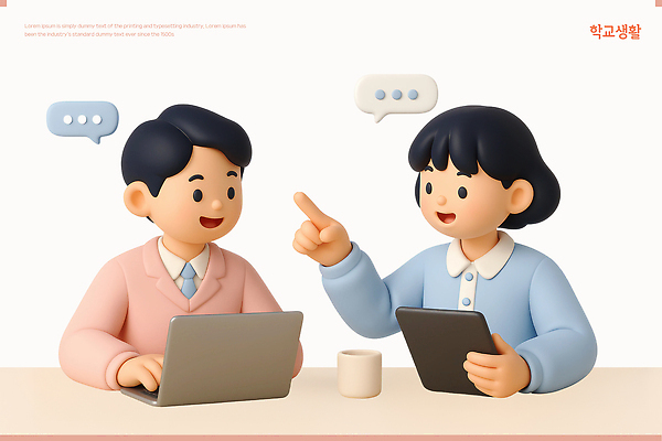 PSD 편집이미지 여자 남자 말풍선 청소년 미소 들기 앉기 상반신 두명 노트북 태블릿 스쿨라이프 3D 머그컵 가리킴 타이핑 책상 십대만 편집3D 라이프스타일 가구 학교 모션 표정 사람 손짓 컵 전자제품 스마트기기 디지털합성 파일형식