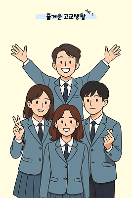 학생 여자 남자 교복 일러스트 청소년 미소 여러명 상반신 파란색 스쿨라이프 만세 브이 손하트 십대만 국내일러스트 AI파일 라이프스타일 옷 컬러 다수 학교 모션 표정 사람 손짓 파일형식 벡터