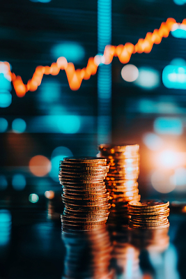 JPG 편집이미지 그래프 사람없음 파란색 디지털 분석 보케 동전탑 주식시장 가상화폐 편집실사 AI컴퓨터그래픽 AI콘텐츠 컬러 컨셉 돈 쌓기 동전 주식 CG 파일형식