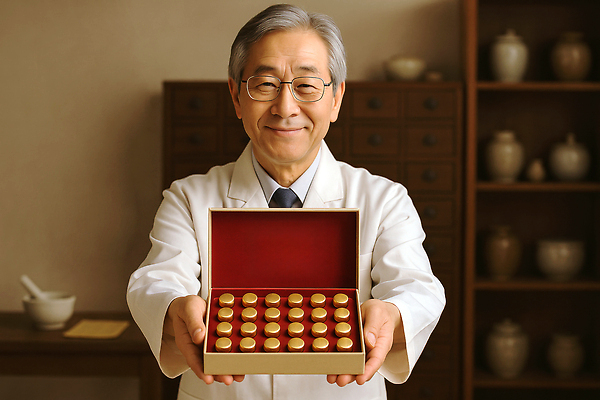 JPG 편집이미지 노년 남자 한명 미소 들기 상반신 상자 갈색 의사가운 한약 서랍장 보여주기 한약방 한의사 의료성형뷰티 노인남자한명만 안경낌 공진단 편집실사 AI인물포토 AI콘텐츠 1 안경 컬러 가구 모션 표정 사람 성인 약 한의학 의사 가운 CG 남자한명만 노인남자만 파일형식 AI포토