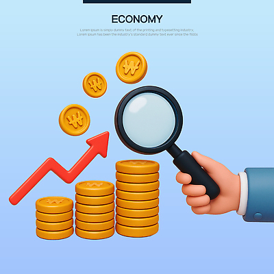 PSD 편집이미지 손 화살표 하늘색 돋보기 들기 신체부위 3D 원화 상승 환율 동전탑 편집3D 컨셉 돈 모션 사람 경제 파란색 쌓기 동전 디지털합성 파일형식