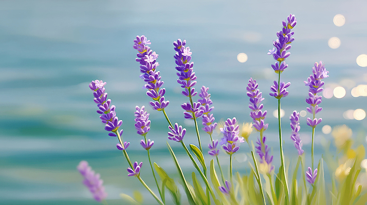 JPG 물결 하늘색 잎 일러스트 사람없음 여름풍경 강가 보케 라벤더 국내일러스트 편집실사 AI일러스트 AI콘텐츠 식물 꽃 풍경 파란색 강 허브 CG 파일형식 여름_계절