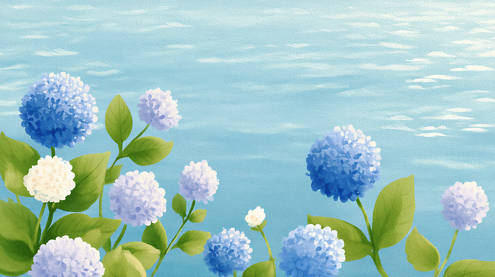 JPG 물결 하늘색 잎 일러스트 사람없음 여름풍경 강가 꽃봉오리 수국 국내일러스트 편집실사 AI일러스트 AI콘텐츠 식물 꽃 풍경 파란색 강 CG 파일형식 여름_계절