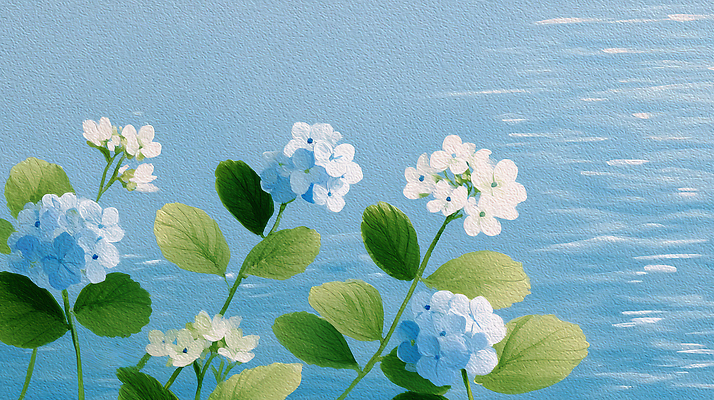 JPG 물결 하늘색 잎 일러스트 사람없음 여름풍경 강가 수국 국내일러스트 편집실사 AI일러스트 AI콘텐츠 식물 꽃 풍경 파란색 강 CG 파일형식 여름_계절