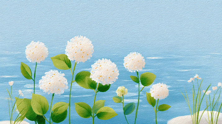 JPG 물결 하늘색 잎 일러스트 사람없음 여름풍경 돌_바위 강가 꽃봉오리 수국 국내일러스트 편집실사 AI일러스트 AI콘텐츠 식물 꽃 풍경 파란색 강 CG 파일형식 여름_계절