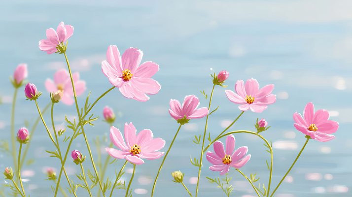 JPG 물결 하늘색 잎 일러스트 사람없음 여름풍경 강가 꽃봉오리 코스모스 윤슬 국내일러스트 편집실사 AI일러스트 AI콘텐츠 식물 꽃 풍경 파란색 강 CG 파일형식 여름_계절