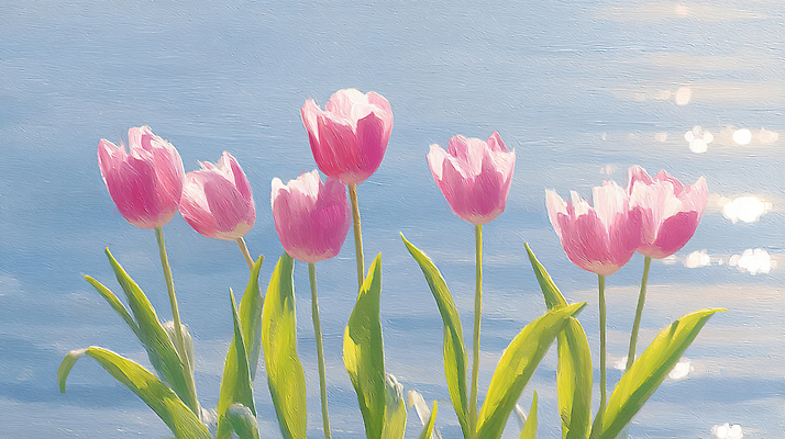 JPG 물결 하늘색 잎 일러스트 사람없음 여름풍경 튤립 강가 윤슬 국내일러스트 편집실사 AI일러스트 AI콘텐츠 식물 꽃 풍경 파란색 강 CG 파일형식 여름_계절