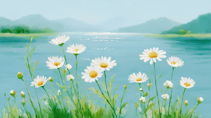 JPG 물결 하늘색 잎 일러스트 하늘 산 사람없음 여름풍경 들꽃 강가 꽃봉오리 국내일러스트 편집실사 AI일러스트 AI콘텐츠 식물 꽃 풍경 파란색 강 CG 파일형식 여름_계절