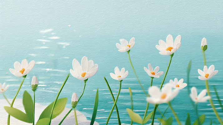 JPG 물결 하늘색 잎 일러스트 사람없음 여름풍경 들꽃 강가 꽃봉오리 윤슬 국내일러스트 편집실사 AI일러스트 AI콘텐츠 식물 꽃 풍경 파란색 강 CG 파일형식 여름_계절