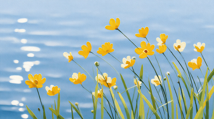 JPG 물결 하늘색 잎 일러스트 사람없음 여름풍경 들꽃 강가 꽃봉오리 윤슬 국내일러스트 편집실사 AI일러스트 AI콘텐츠 식물 꽃 풍경 파란색 강 CG 파일형식 여름_계절