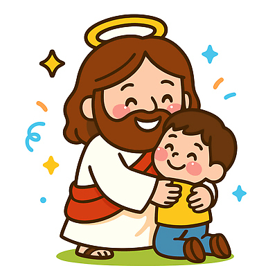 전신 남자 어린이 일러스트 포옹 웃음 소년 성인 두명 반짝임 예수 무릎꿇기 종교캐릭터 꽃가루 남자만 일러캐릭터 천사링 AI파일 캐릭터 종교 안기 모션 천사 표정 사람 신_종교 가루 파일형식 벡터