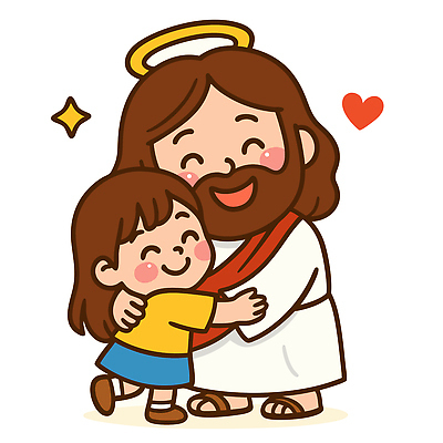 전신 여자 남자 어린이 일러스트 포옹 웃음 소녀 성인 두명 반짝임 하트 예수 종교캐릭터 일러캐릭터 천사링 AI파일 모양 캐릭터 종교 안기 모션 천사 표정 사람 신_종교 파일형식 벡터
