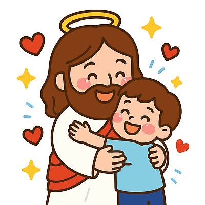 전신 남자 어린이 일러스트 포옹 웃음 소년 성인 두명 반짝임 하트 예수 종교캐릭터 남자만 일러캐릭터 천사링 AI파일 모양 캐릭터 종교 안기 모션 천사 표정 사람 신_종교 파일형식 벡터