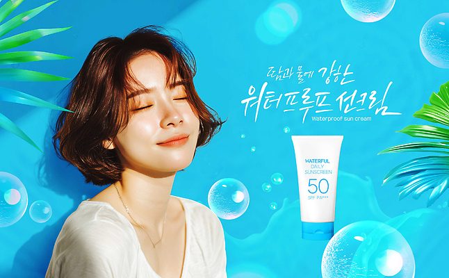 PSD 템플릿 여자 잎 한명 미소 상반신 성인 파란색 뷰티 눈감음 비눗방울 선크림 의료성형뷰티 성인여자한명만 이미지템플릿 식물 1 컬러 모션 표정 사람 화장품 여자한명만 성인여자만 파일형식