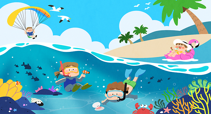 전신 여자 남자 수영복 어린이 바다 여행 일러스트 물놀이 갈매기 휴가 소녀 소년 여러명 여름 야자수 꽃게 스노클링 잠수 패러글라이딩 스노클링용품 어린이만 물고기떼 플라밍고튜브 국내일러스트 AI파일 나무 옷 계절 스포츠용품 스포츠 다수 놀이 조류 어류 사람 게 수상스포츠 튜브 파일형식 벡터