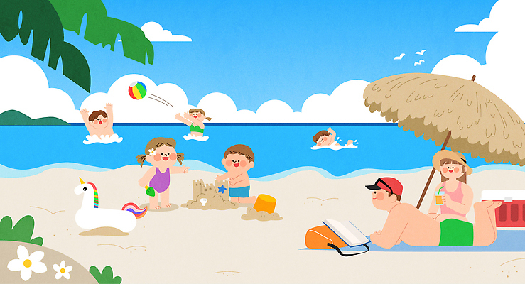 전신 여자 남자 수영복 어린이 엎드리기 여행 일러스트 물놀이 휴가 소녀 소년 여러명 성인 해변 여름 수영 파라솔 비치볼 모래성 튜브 비치타올 야자수잎 유니콘 국내일러스트 AI파일 옷 계절 모래 바다 다수 잎 공 모션 놀이 바캉스용품 사람 수건 수상스포츠 파일형식 벡터