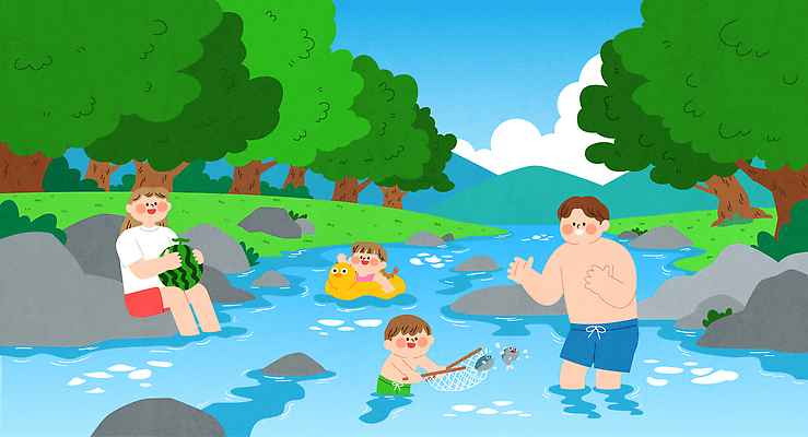 전신 여자 남자 수영복 어린이 여행 일러스트 물놀이 낚시 휴가 산 수박 어류 앉기 소녀 소년 여러명 성인 여름 강 계곡 그물 오리튜브 국내일러스트 AI파일 옷 계절 다수 과일 모션 놀이 레저 사람 수중동물 튜브 파일형식 벡터