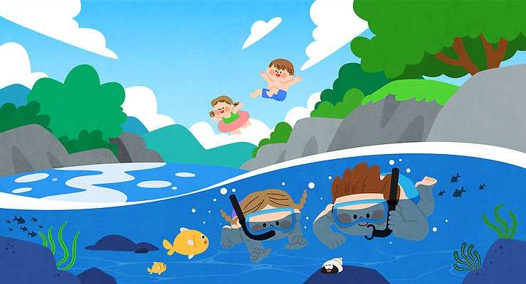 전신 여자 남자 수영복 어린이 여행 일러스트 물놀이 휴가 소녀 소년 여러명 여름 계곡 점프 스노클링 다이빙 미역 스노클링용품 어린이만 국내일러스트 AI파일 옷 계절 스포츠용품 다수 모션 놀이 사람 수영 수상스포츠 해조류 수중스포츠 파일형식 벡터