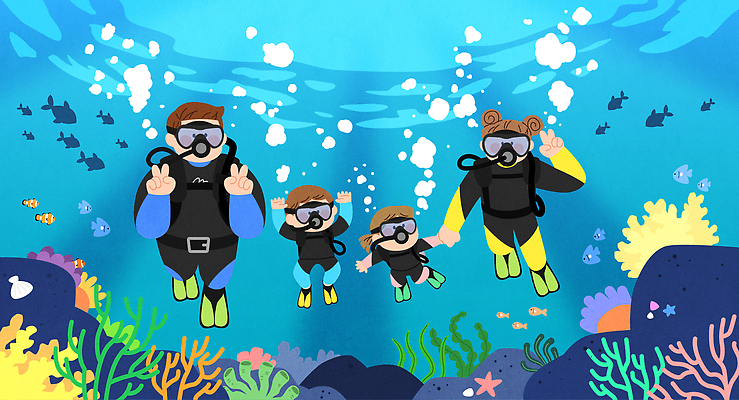 전신 여자 남자 어린이 바다 여행 일러스트 물놀이 휴가 소녀 소년 여러명 성인 여름 손잡기 만세 산호초 잠수 스쿠버다이빙 브이 말미잘 스쿠버다이빙장비 물고기떼 국내일러스트 AI파일 계절 다수 모션 놀이 어류 사람 손짓 수상스포츠 수중식물 자포동물 스쿠버다이빙용품 파일형식 벡터