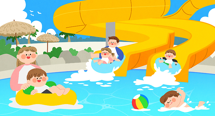 전신 여자 남자 수영복 어린이 여행 일러스트 물놀이 휴가 소녀 소년 여러명 성인 야외 여름 수영 파라솔 비치볼 즐거움 워터슬라이드 워터파크 국내일러스트 AI파일 옷 계절 감정 다수 공 놀이 바캉스용품 수영장 사람 수상스포츠 파일형식 벡터